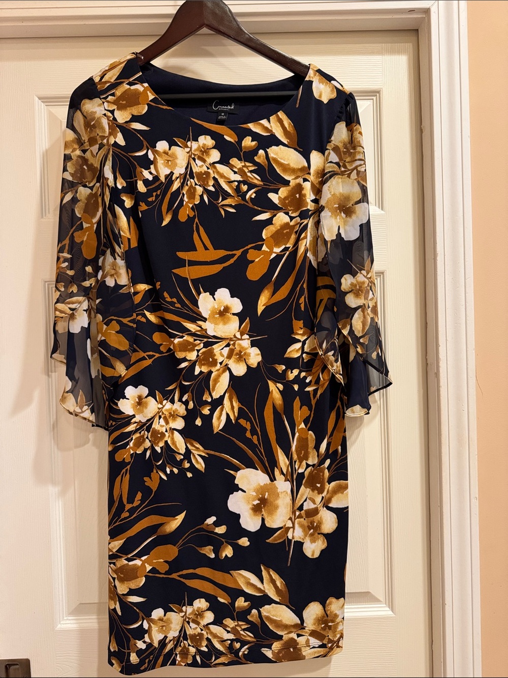 Flattering, Lightweight Navy and Gold Dress with Sheer, Cool Sleeves - Size 10